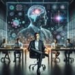 Moderner Arbeitsplatz mit digitalem Bildschirm, holografischen Interfaces und einem vielfältigen Team, das an KI und Datenvisualisierungen arbeitet
