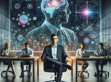 Moderner Arbeitsplatz mit digitalem Bildschirm, holografischen Interfaces und einem vielfältigen Team, das an KI und Datenvisualisierungen arbeitet