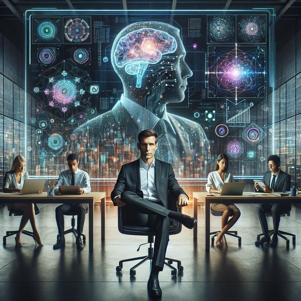Moderner Arbeitsplatz mit digitalem Bildschirm, holografischen Interfaces und einem vielfältigen Team, das an KI und Datenvisualisierungen arbeitet