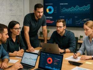 Ein modernes Büro mit einem Team von SEO-Experten, die an einem großen Konferenztisch arbeiten, um Fehler zu beheben und Strategien zu entwickeln, mit digitalen Monitoren und Whiteboards im Hintergrund.