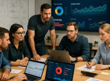Ein modernes Büro mit einem Team von SEO-Experten, die an einem großen Konferenztisch arbeiten, um Fehler zu beheben und Strategien zu entwickeln, mit digitalen Monitoren und Whiteboards im Hintergrund.