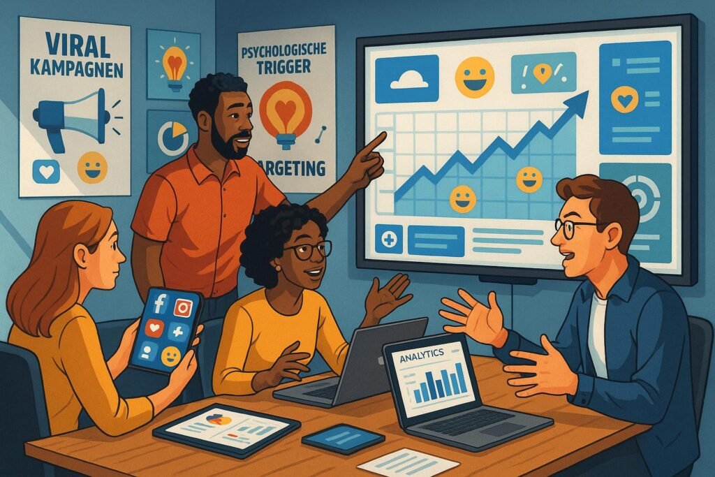 Verschiedene Marketingexperten arbeiten an einem Tisch mit Laptops, Tablets und Smartphones, die Daten, Grafiken und Social Media Icons anzeigen, in einem modernen Büro mit Motivationspostern und digitalen Displays.