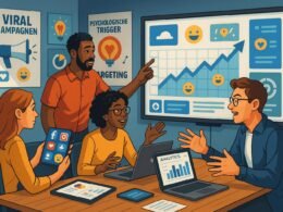 Verschiedene Marketingexperten arbeiten an einem Tisch mit Laptops, Tablets und Smartphones, die Daten, Grafiken und Social Media Icons anzeigen, in einem modernen Büro mit Motivationspostern und digitalen Displays.