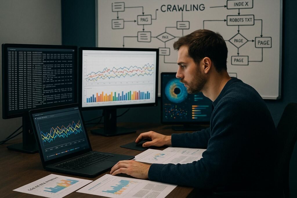 Technischer Arbeitsplatz mit Monitoren, Serverlogs und Diagrammen zur Analyse von Webseiten-Crawling-Patterns, mit einem SEO-Analyst im Fokus.