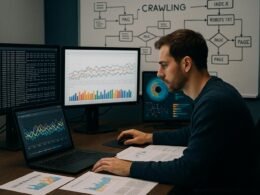 Technischer Arbeitsplatz mit Monitoren, Serverlogs und Diagrammen zur Analyse von Webseiten-Crawling-Patterns, mit einem SEO-Analyst im Fokus.
