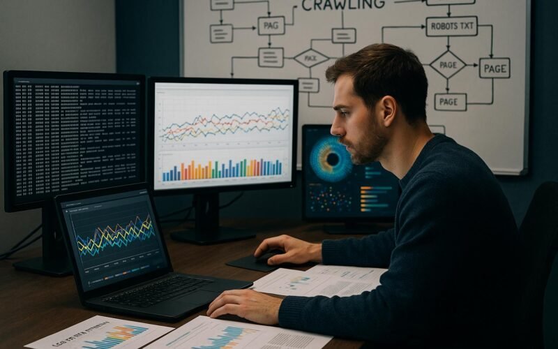 Technischer Arbeitsplatz mit Monitoren, Serverlogs und Diagrammen zur Analyse von Webseiten-Crawling-Patterns, mit einem SEO-Analyst im Fokus.