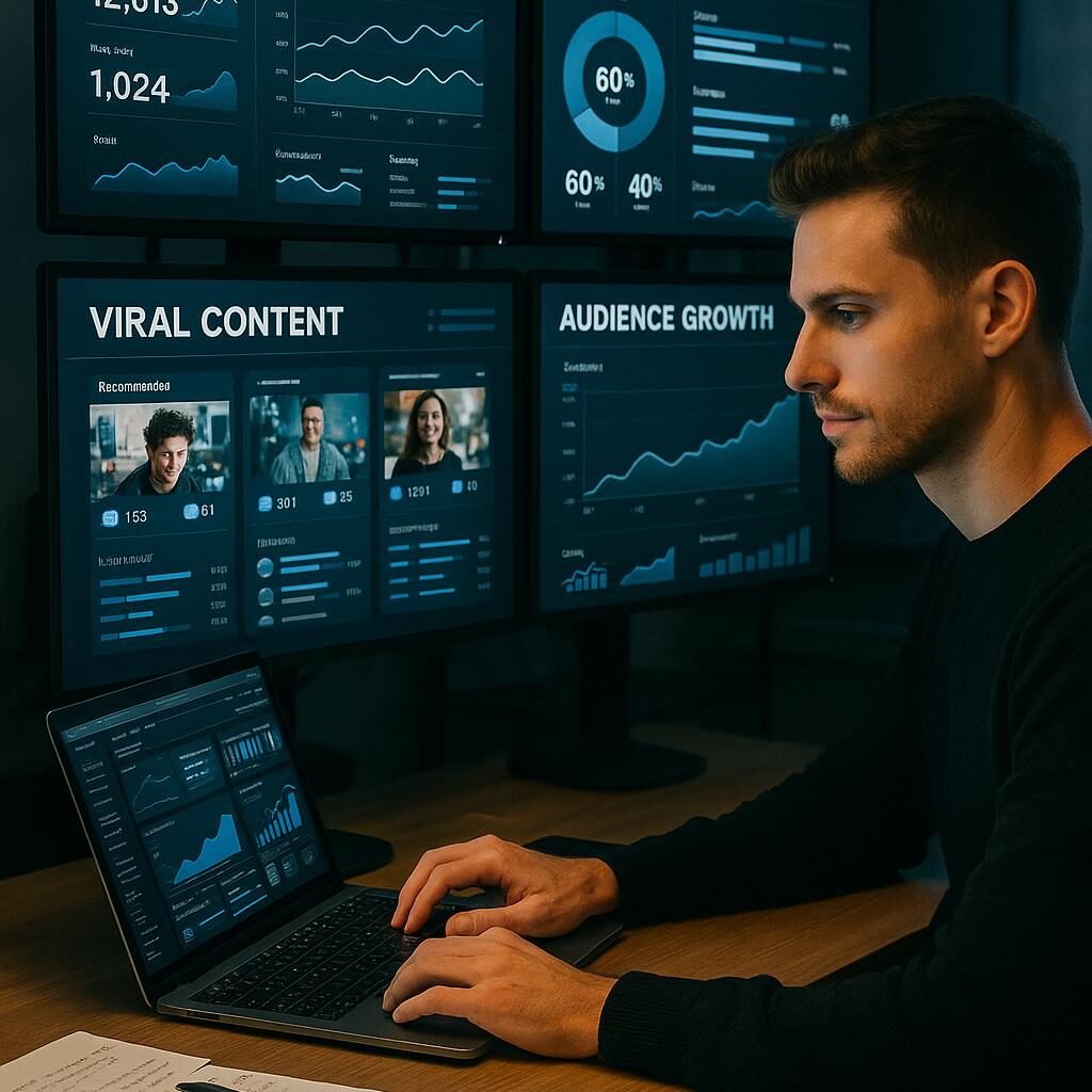 Moderner Digitalmarketing-Arbeitsplatz mit mehreren Bildschirmen, die Facebook-Analysen und Zielgruppen-Charts darstellen, im Vordergrund ein Marketer am Laptop, im Hintergrund ein modernes Büro, Credit: 404 Magazine (Tobias Hager)