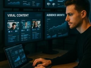 Moderner Digitalmarketing-Arbeitsplatz mit mehreren Bildschirmen, die Facebook-Analysen und Zielgruppen-Charts darstellen, im Vordergrund ein Marketer am Laptop, im Hintergrund ein modernes Büro, Credit: 404 Magazine (Tobias Hager)