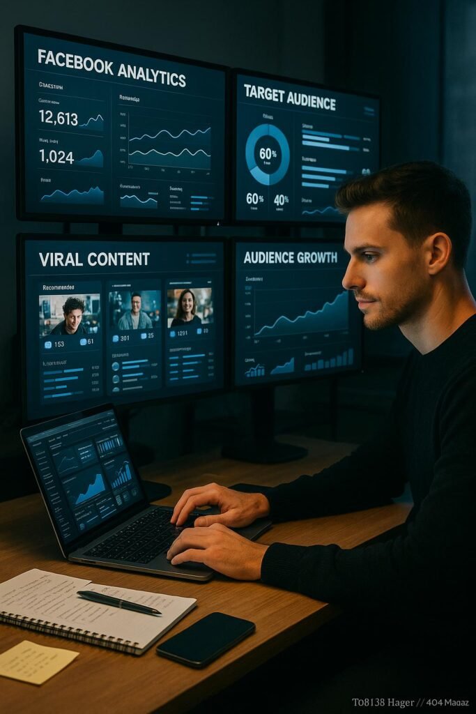 Moderner Digitalmarketing-Arbeitsplatz mit mehreren Bildschirmen, die Facebook-Analysen und Zielgruppen-Charts darstellen, im Vordergrund ein Marketer am Laptop, im Hintergrund ein modernes Büro, Credit: 404 Magazine (Tobias Hager)