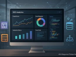 Moderner Computermonitor mit SEO-Analyse-Tools, Grafiken und Code, um Website-Architektur und Datenfluss zu visualisieren