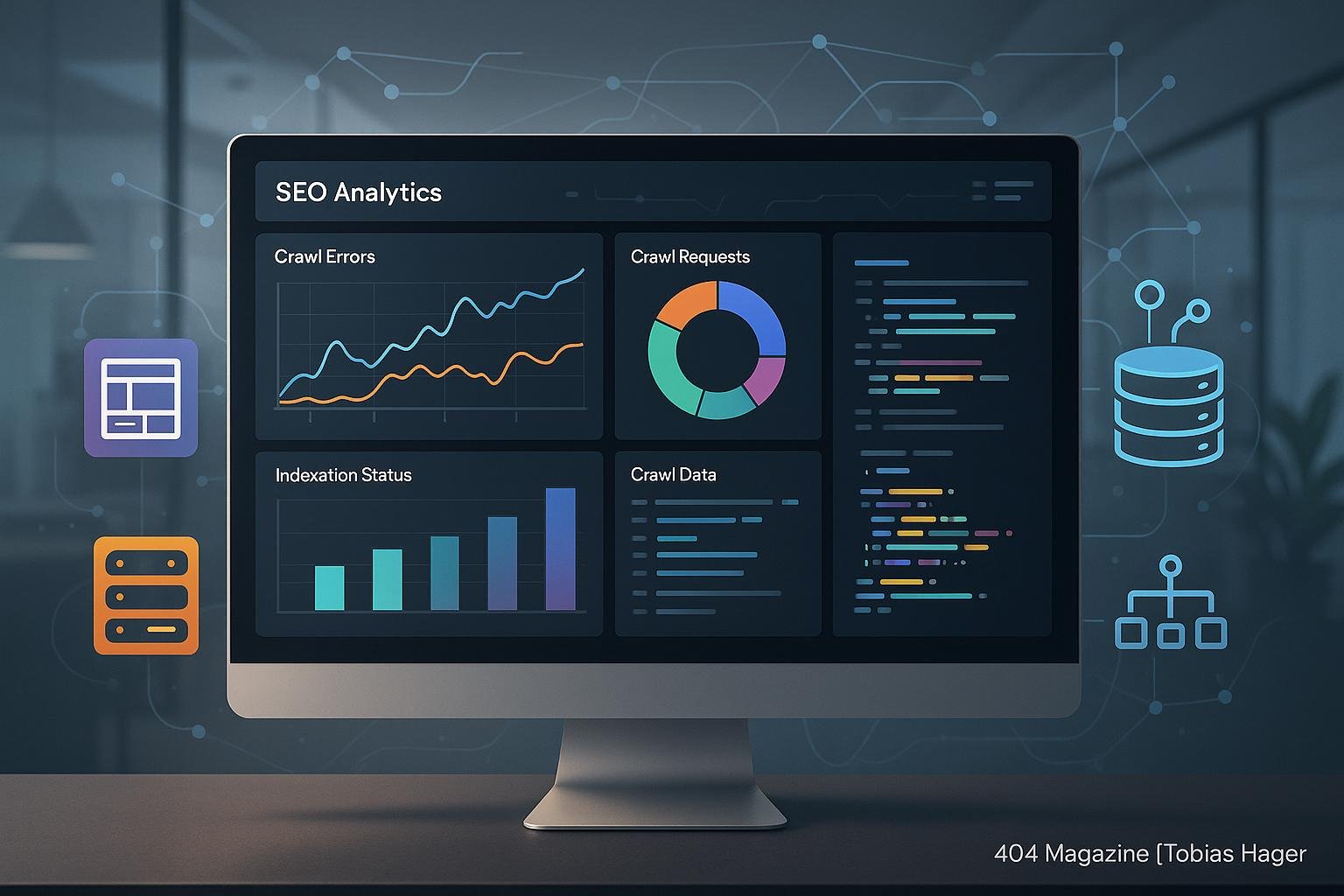 Moderner Computermonitor mit SEO-Analyse-Tools, Grafiken und Code, um Website-Architektur und Datenfluss zu visualisieren