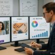 Modernes, hell erleuchtetes Büro mit digitalen Bildschirmen, einer Person in Business-Kleidung, die Notizen macht, Whiteboards mit Skizzen und Diagrammen im Hintergrund, vermittelt Innovation und datengetriebenes Arbeiten