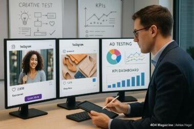 Modernes, hell erleuchtetes Büro mit digitalen Bildschirmen, einer Person in Business-Kleidung, die Notizen macht, Whiteboards mit Skizzen und Diagrammen im Hintergrund, vermittelt Innovation und datengetriebenes Arbeiten