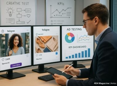 Modernes, hell erleuchtetes Büro mit digitalen Bildschirmen, einer Person in Business-Kleidung, die Notizen macht, Whiteboards mit Skizzen und Diagrammen im Hintergrund, vermittelt Innovation und datengetriebenes Arbeiten