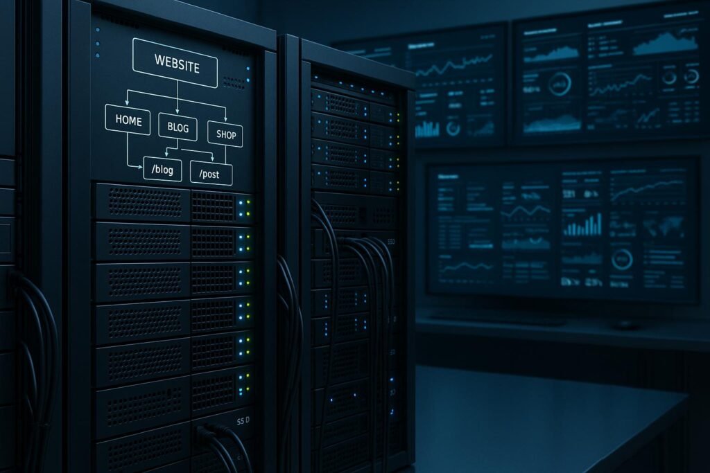 Modernes Serverraum-Layout mit leuchtenden LEDs, Kabeln, SSD-Blöcken und technischen Dashboards, zeigt Website-Architekturdiagramm mit URL-Strukturen. Cred: 404 Magazine (Tobias Hager)