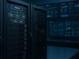 Modernes Serverraum-Layout mit leuchtenden LEDs, Kabeln, SSD-Blöcken und technischen Dashboards, zeigt Website-Architekturdiagramm mit URL-Strukturen. Cred: 404 Magazine (Tobias Hager)