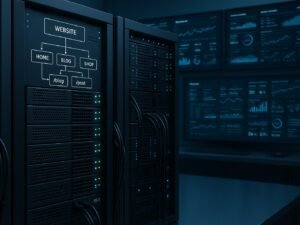 Modernes Serverraum-Layout mit leuchtenden LEDs, Kabeln, SSD-Blöcken und technischen Dashboards, zeigt Website-Architekturdiagramm mit URL-Strukturen. Cred: 404 Magazine (Tobias Hager)