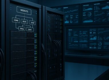 Modernes Serverraum-Layout mit leuchtenden LEDs, Kabeln, SSD-Blöcken und technischen Dashboards, zeigt Website-Architekturdiagramm mit URL-Strukturen. Cred: 404 Magazine (Tobias Hager)