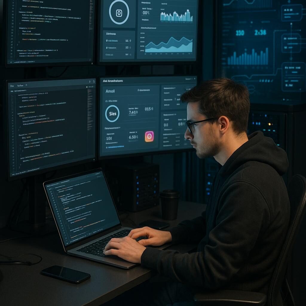 Eleganter Arbeitsplatz mit Monitoren, die Code und Datenanalysen zeigen, person in Casual Tech Kleidung beim Codieren, umgeben von Technologie- und Serverausrüstung, im High-Tech-Umfeld der automatisierten Instagram-Werbung