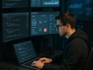 Eleganter Arbeitsplatz mit Monitoren, die Code und Datenanalysen zeigen, person in Casual Tech Kleidung beim Codieren, umgeben von Technologie- und Serverausrüstung, im High-Tech-Umfeld der automatisierten Instagram-Werbung