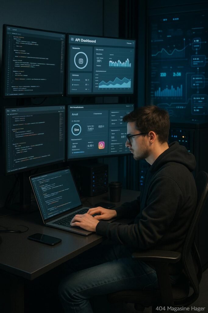 Eleganter Arbeitsplatz mit Monitoren, die Code und Datenanalysen zeigen, person in Casual Tech Kleidung beim Codieren, umgeben von Technologie- und Serverausrüstung, im High-Tech-Umfeld der automatisierten Instagram-Werbung