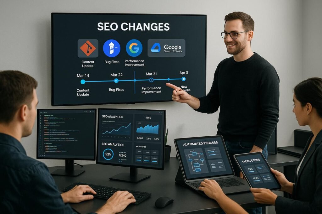 Modernes Büro mit Computern, die Code, SEO-Daten und Change-Log-Grafiken zeigen, Entwickler zeigt auf einen großen Bildschirm mit SEO-Zeitleiste, Team arbeitet mit Tablets. Beleuchtetes, sauberes Design.