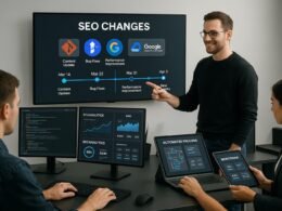 Modernes Büro mit Computern, die Code, SEO-Daten und Change-Log-Grafiken zeigen, Entwickler zeigt auf einen großen Bildschirm mit SEO-Zeitleiste, Team arbeitet mit Tablets. Beleuchtetes, sauberes Design.