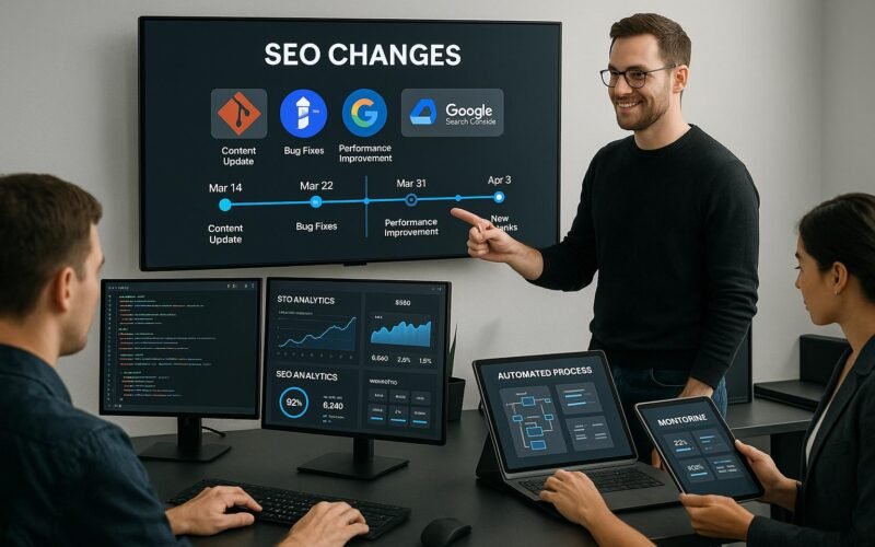 Modernes Büro mit Computern, die Code, SEO-Daten und Change-Log-Grafiken zeigen, Entwickler zeigt auf einen großen Bildschirm mit SEO-Zeitleiste, Team arbeitet mit Tablets. Beleuchtetes, sauberes Design.