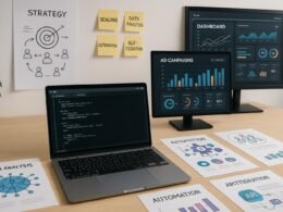 Moderner digitaler Marketingarbeitsplatz mit Laptop, Monitoren, Infografiken und Strategietafeln, der technologische Kompetenz und Datenintelligenz zeigt.