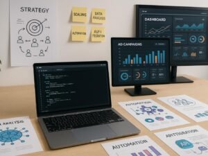 Moderner digitaler Marketingarbeitsplatz mit Laptop, Monitoren, Infografiken und Strategietafeln, der technologische Kompetenz und Datenintelligenz zeigt.