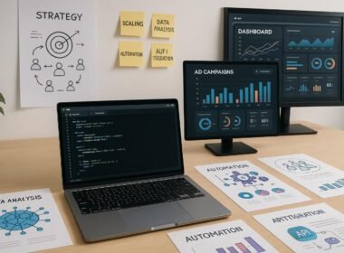 Moderner digitaler Marketingarbeitsplatz mit Laptop, Monitoren, Infografiken und Strategietafeln, der technologische Kompetenz und Datenintelligenz zeigt.