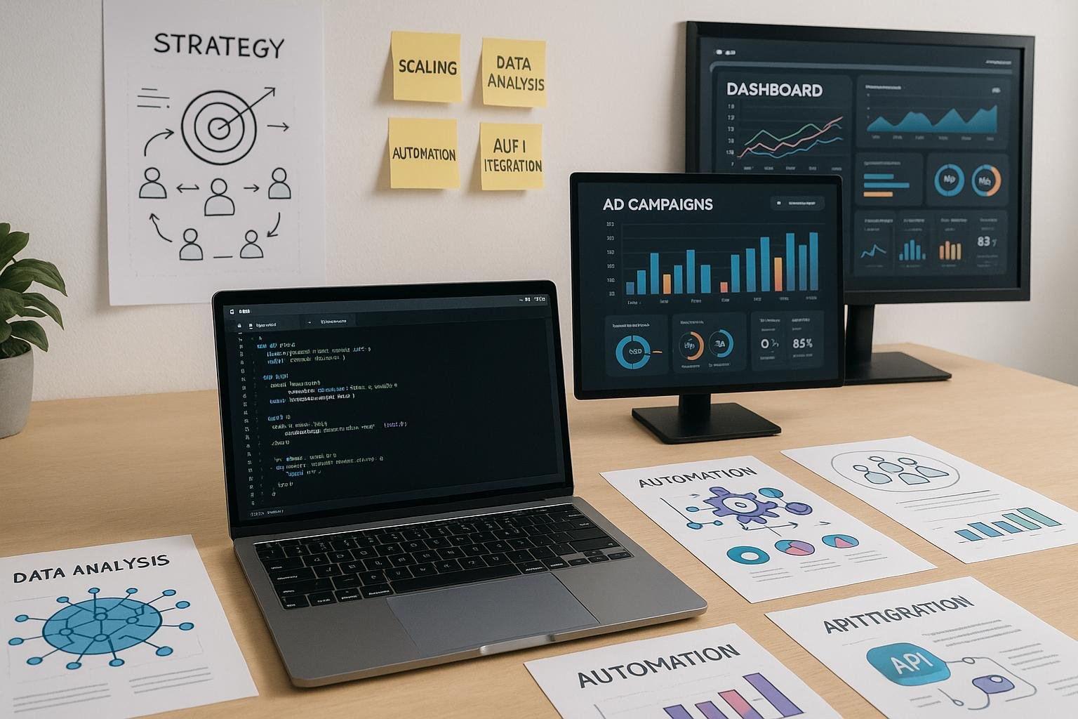 Moderner digitaler Marketingarbeitsplatz mit Laptop, Monitoren, Infografiken und Strategietafeln, der technologische Kompetenz und Datenintelligenz zeigt.