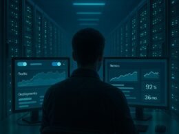 Moderner Serverraum mit blinkenden Lichtern und einem Entwickler, der digitale Dashboards auf mehreren Bildschirmen kontrolliert, für fortschrittliches Deployment-Management.