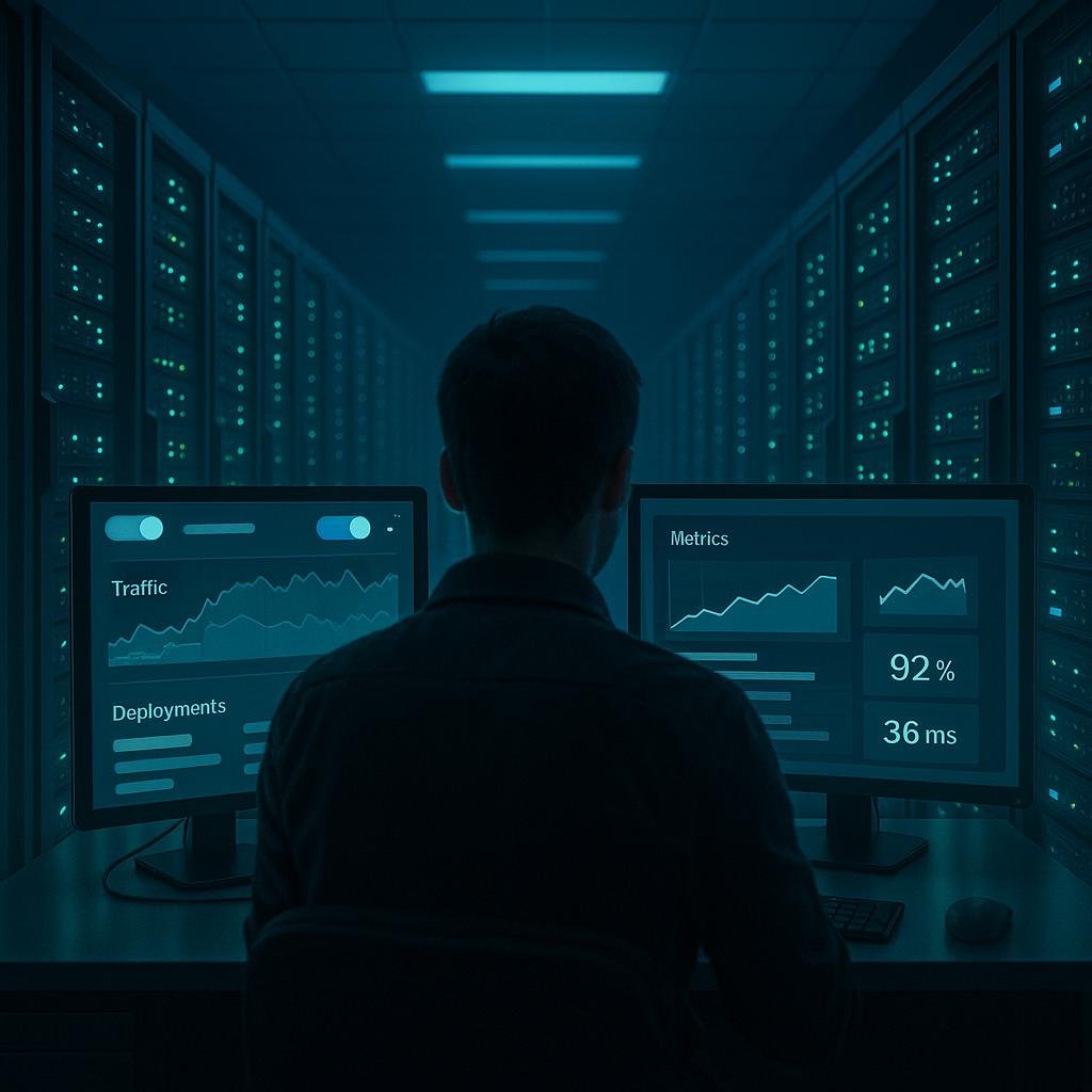 Moderner Serverraum mit blinkenden Lichtern und einem Entwickler, der digitale Dashboards auf mehreren Bildschirmen kontrolliert, für fortschrittliches Deployment-Management.