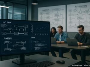 Modernes Büro mit großem Bildschirm, Entwickler im Hintergrund, Whiteboards voller Skizzen zu Datenflüssen und Automatisierungsprozessen