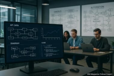 Modernes Büro mit großem Bildschirm, Entwickler im Hintergrund, Whiteboards voller Skizzen zu Datenflüssen und Automatisierungsprozessen