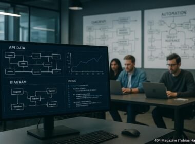 Modernes Büro mit großem Bildschirm, Entwickler im Hintergrund, Whiteboards voller Skizzen zu Datenflüssen und Automatisierungsprozessen