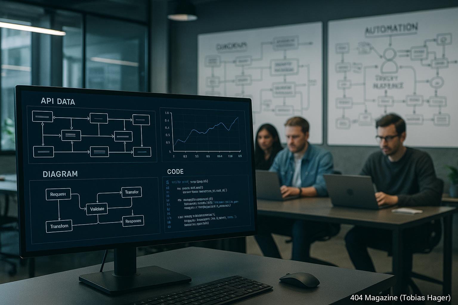 Modernes Büro mit großem Bildschirm, Entwickler im Hintergrund, Whiteboards voller Skizzen zu Datenflüssen und Automatisierungsprozessen