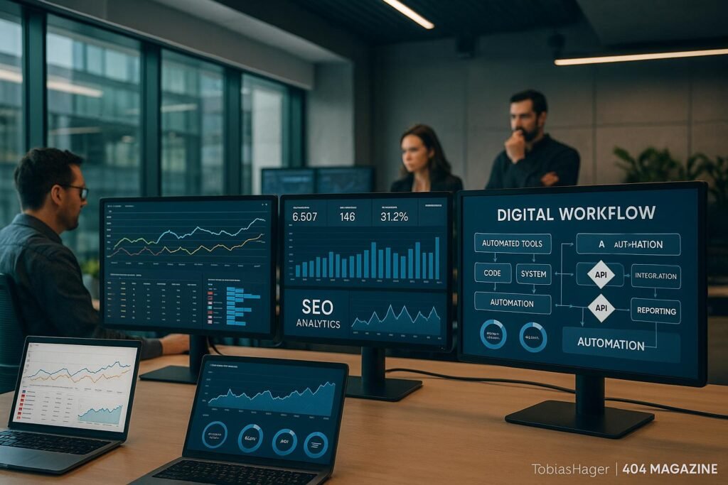 Modernes Büro mit mehreren Bildschirmen, Echtzeit-Datenvisualisierung und automatisierten Automatisierungsprozessen