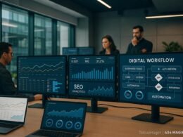 Modernes Büro mit mehreren Bildschirmen, Echtzeit-Datenvisualisierung und automatisierten Automatisierungsprozessen