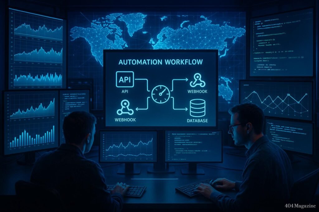 Futuristisches High-Tech Arbeitsumfeld mit digitalen Bildschirmen, Hologramm und Entwicklern bei der Arbeit