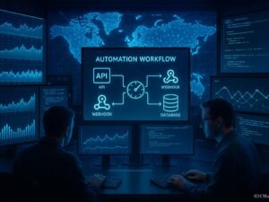 Futuristisches High-Tech Arbeitsumfeld mit digitalen Bildschirmen, Hologramm und Entwicklern bei der Arbeit