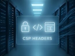 Moderner Serverraum mit digitaler Schnittstelle, blauen Lichtern und Datenströmen, die Cybersicherheits- und Performance-Features darstellen