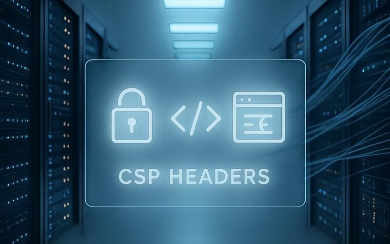 Moderner Serverraum mit digitaler Schnittstelle, blauen Lichtern und Datenströmen, die Cybersicherheits- und Performance-Features darstellen