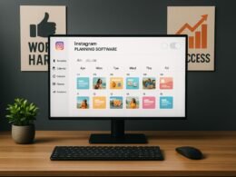 Modernes Büro mit großem Bildschirm, Instagram-Planungssoftware, Content-Kalender, Tastatur, Maus, Pflanze und motivierenden Postern im Hintergrund, Credit: 404 Magazine (Tobias Hager)