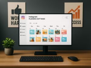 Modernes Büro mit großem Bildschirm, Instagram-Planungssoftware, Content-Kalender, Tastatur, Maus, Pflanze und motivierenden Postern im Hintergrund, Credit: 404 Magazine (Tobias Hager)
