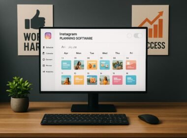 Modernes Büro mit großem Bildschirm, Instagram-Planungssoftware, Content-Kalender, Tastatur, Maus, Pflanze und motivierenden Postern im Hintergrund, Credit: 404 Magazine (Tobias Hager)