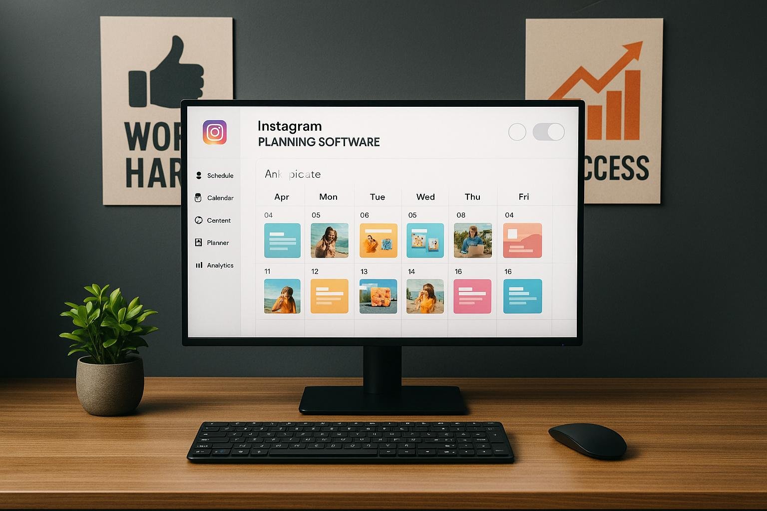 Modernes Büro mit großem Bildschirm, Instagram-Planungssoftware, Content-Kalender, Tastatur, Maus, Pflanze und motivierenden Postern im Hintergrund, Credit: 404 Magazine (Tobias Hager)