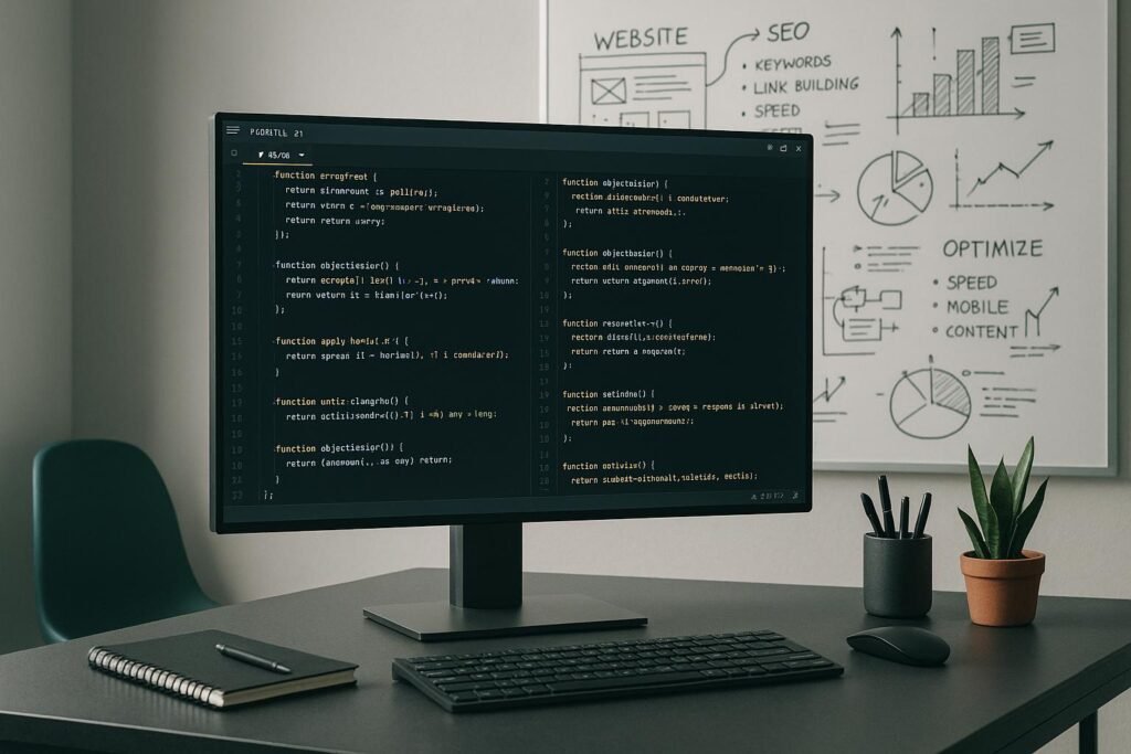 Moderner Webentwickler-Arbeitsplatz mit großem Monitor, Code-Editor und Whiteboard im Hintergrund