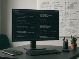 Moderner Webentwickler-Arbeitsplatz mit großem Monitor, Code-Editor und Whiteboard im Hintergrund